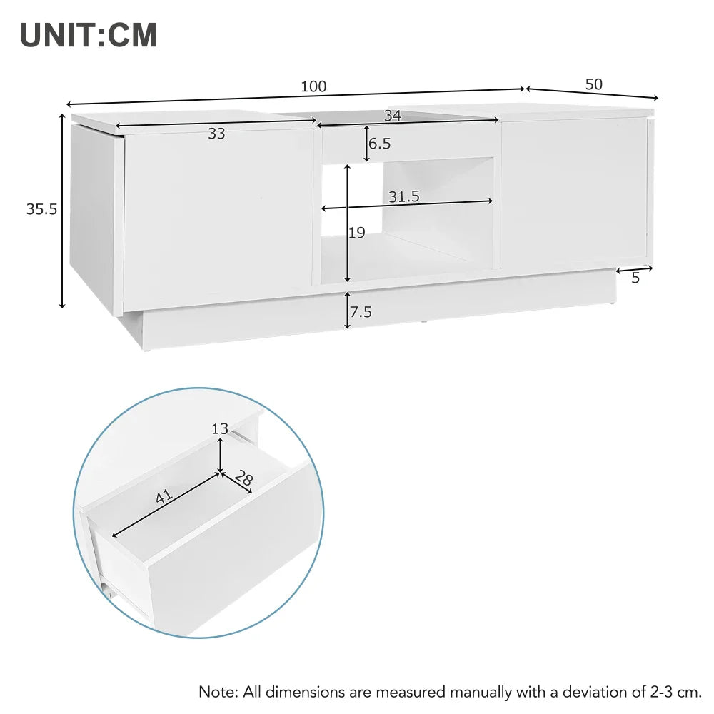 Table basse blanche et en bois avec LED et tiroir 100x50x35.5 cm