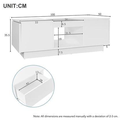 Table basse blanche et en bois avec LED et tiroir 100x50x35.5 cm
