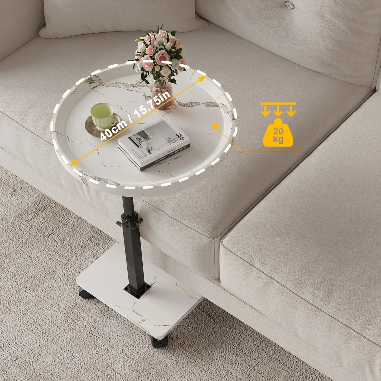 Table basse ronde en bois 2 niveaux avec roulettes réglable en hauteur