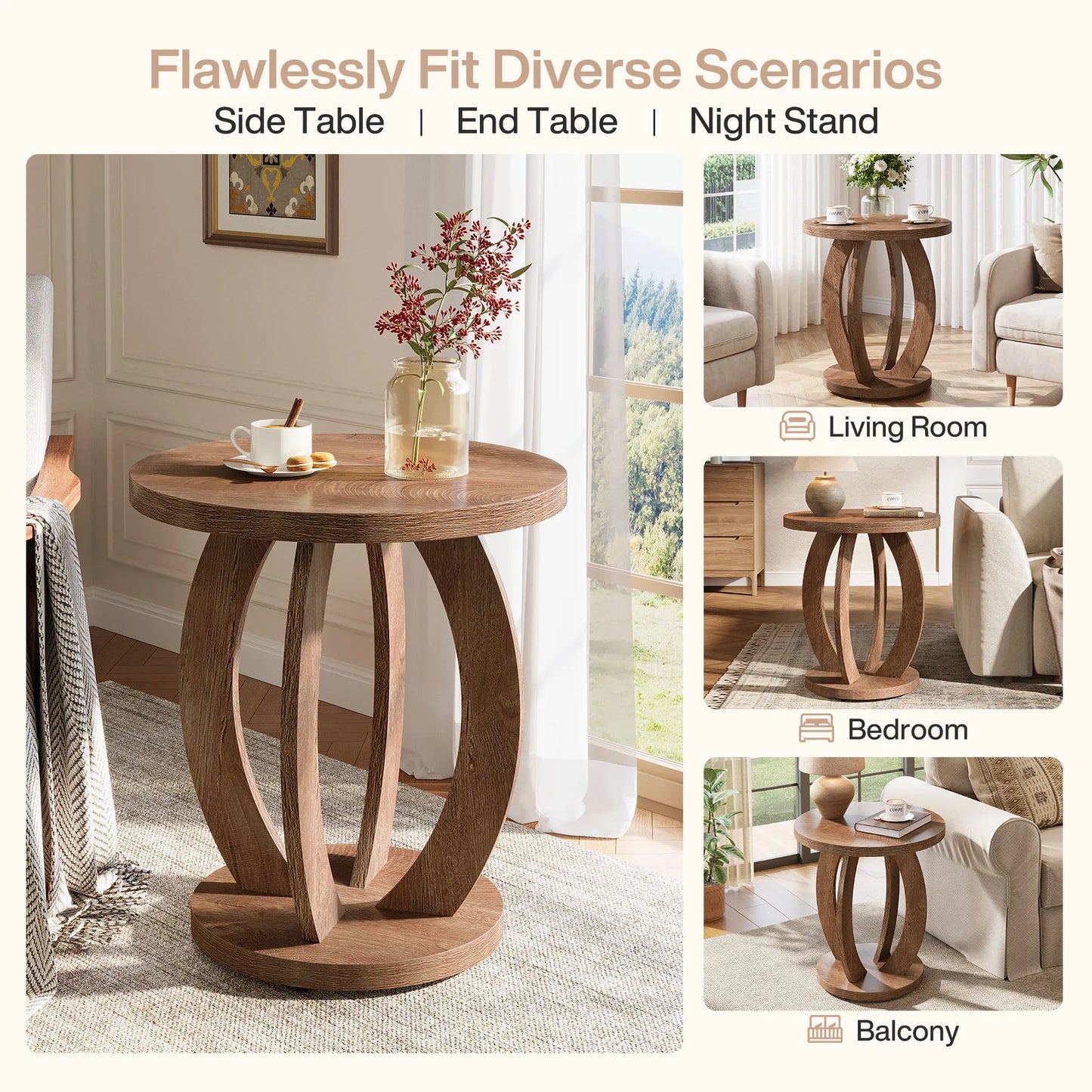 Table basse ronde en bois 2 niveaux avec rangement 60 cm