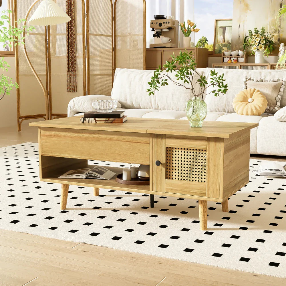 Table basse bois clair avec plateau relevable et portes en rotin 103x50x46 cm