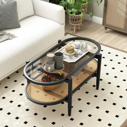 Table basse en bois et noir 2 niveaux avec plateau en verre trempé et cadre en acacia