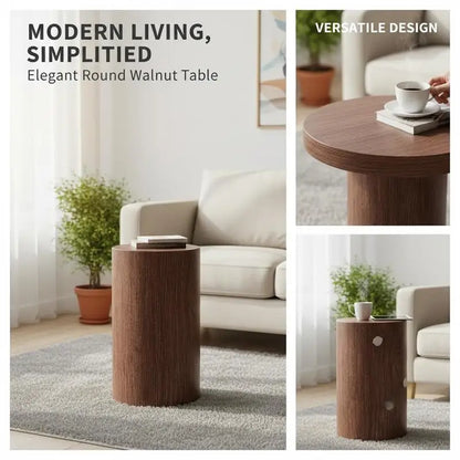 Table basse ronde en bois MDF noyer avec piètement métal noir