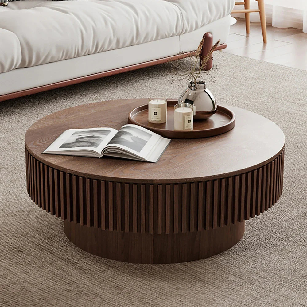 Table basse en bois massif ronde 75 cm avec rangement