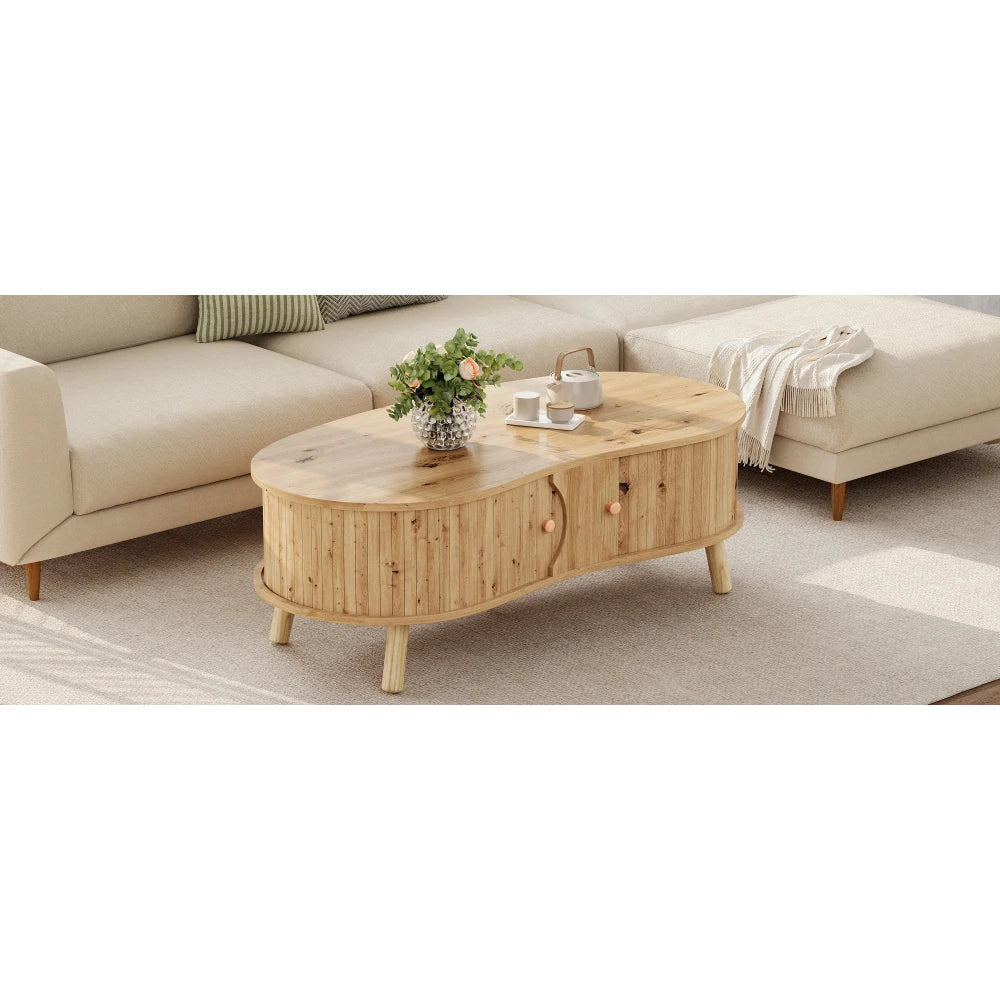 Table basse en bois massif forme de pois avec portes coulissantes 108 x 50 x 37 cm nature