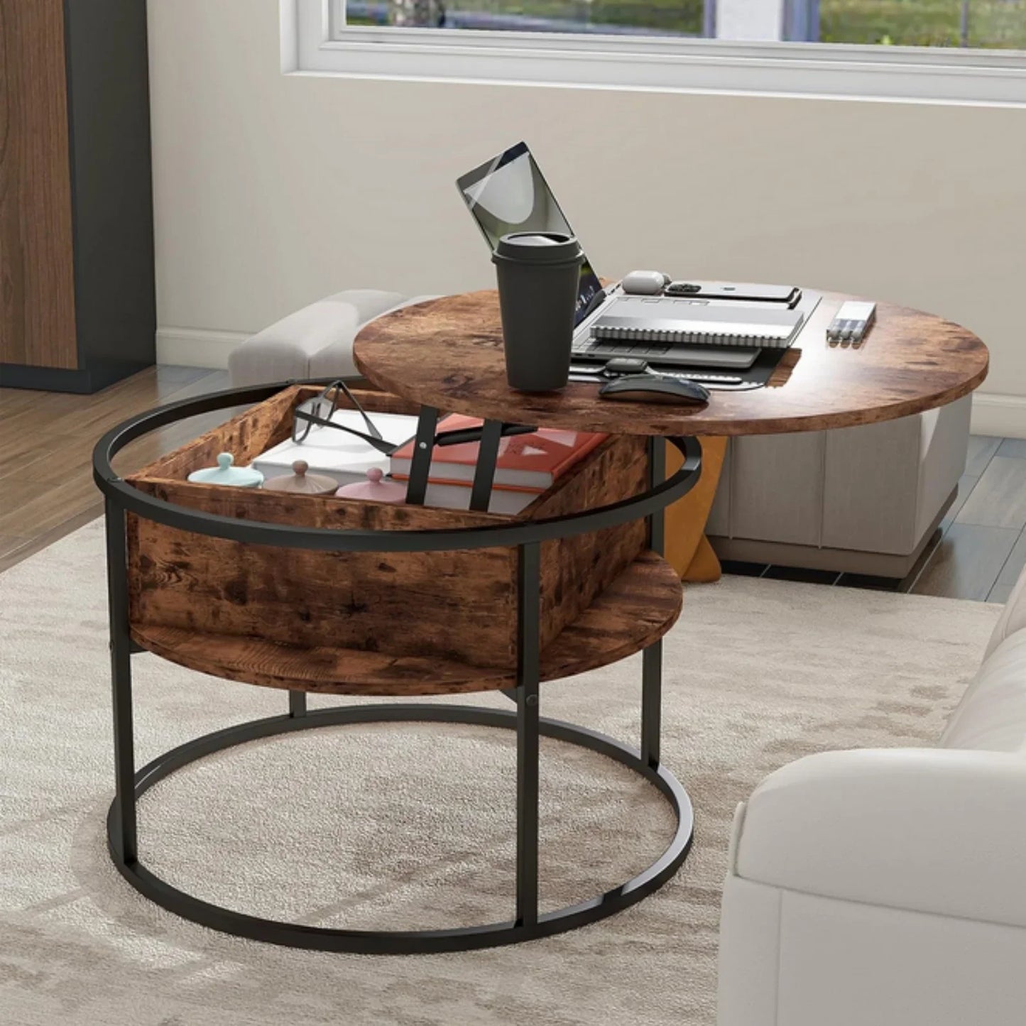 Table basse ronde en bois avec plateau relevable et rangement 80x80x47 cm