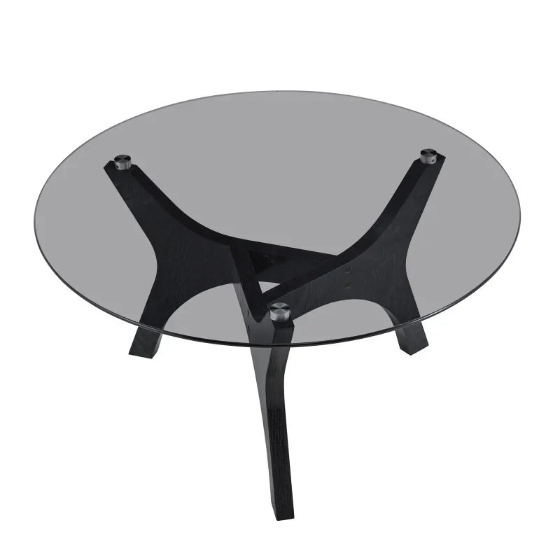 Table basse ronde en bois avec plateau en verre trempé 80 cm