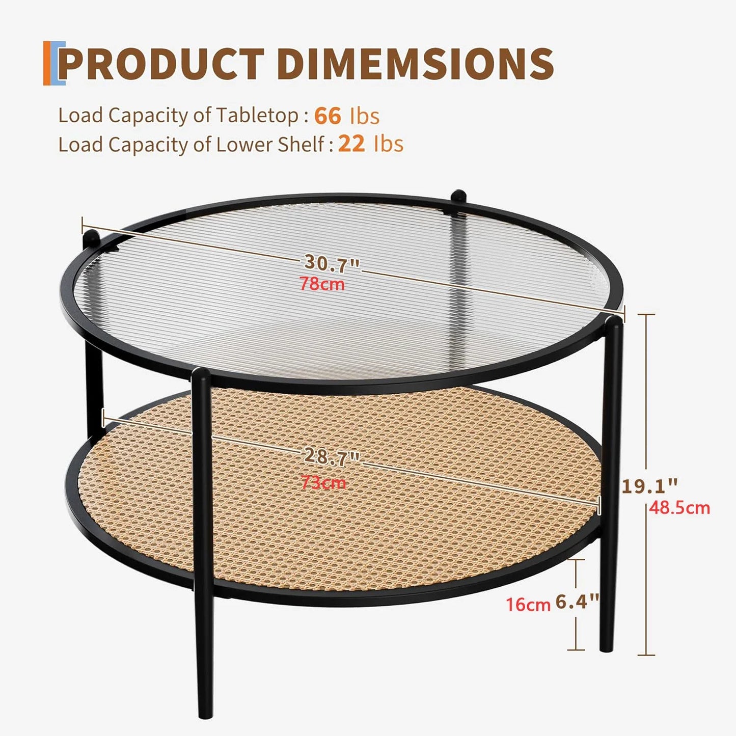 Table basse en bois et noir ronde en rotin 78 cm avec plateau en verre trempé