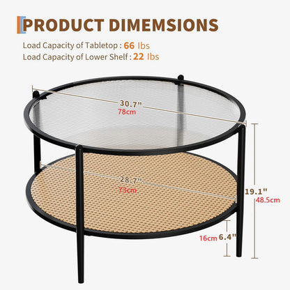 Table basse en bois et noir ronde en rotin 78 cm avec plateau en verre trempé
