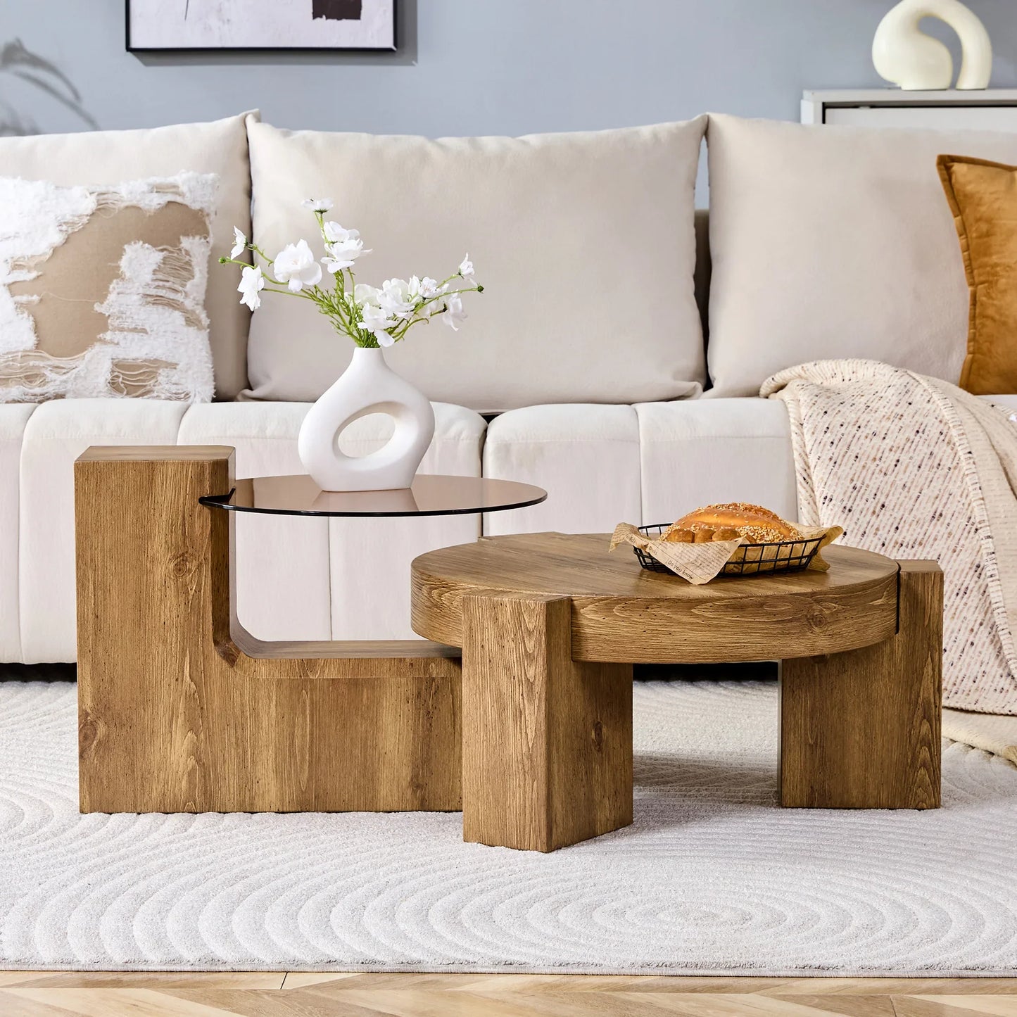 Table basse ronde en bois MDF et verre trempé teinté brun gigogne 2 pièces