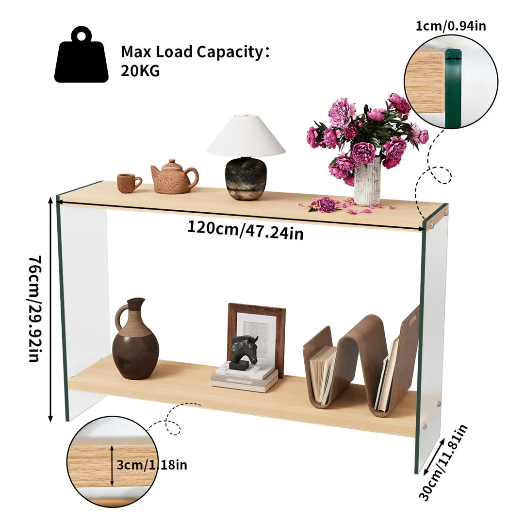 Table basse bois clair 120x60x45 cm avec plateau en verre trempé