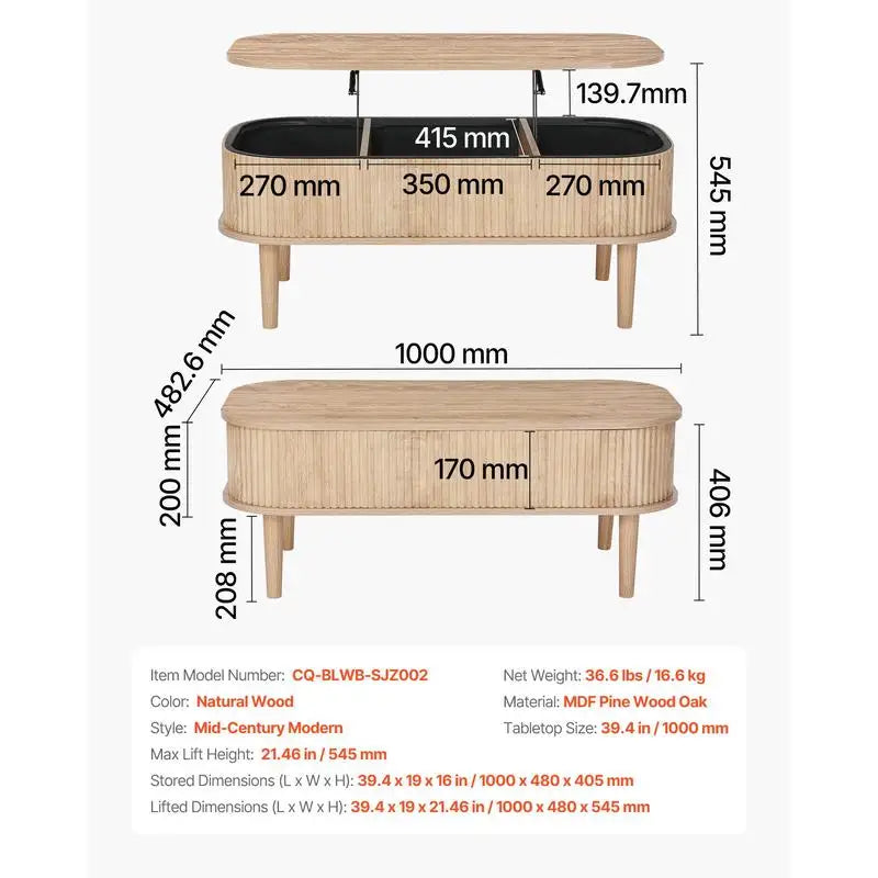 Table basse bois clair ovale avec plateau relevable et rangement caché 100 cm