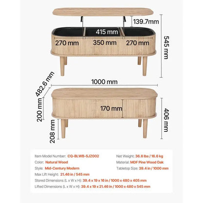 Table basse bois clair ovale avec plateau relevable et rangement caché 100 cm