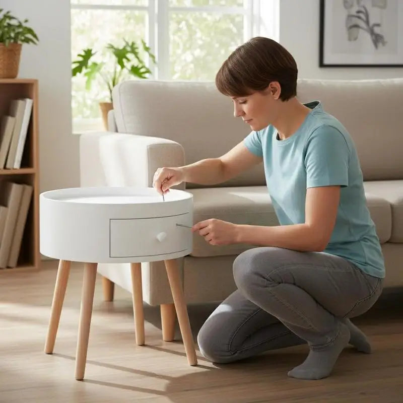 Table basse ronde en bois chêne clair et blanc avec tiroir