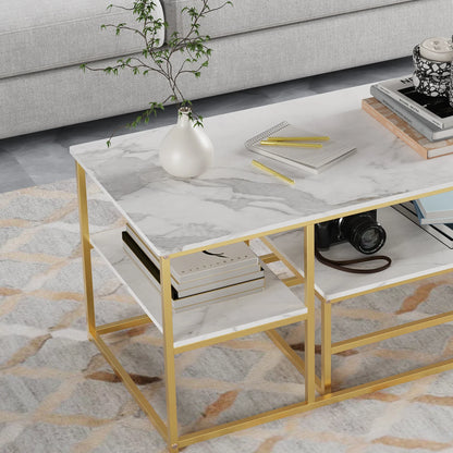 Table basse blanche et en bois avec étagères et cadre en acier 105x52x48.5 cm