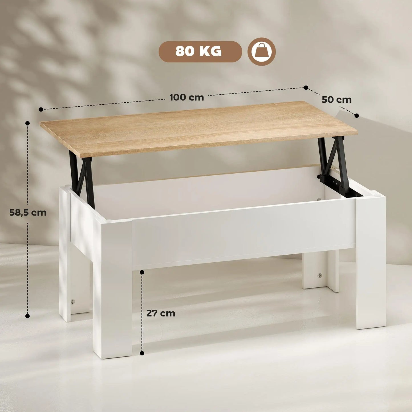 Table basse blanche et en bois réglable en hauteur avec compartiment caché 100x50x45-58.5 cm