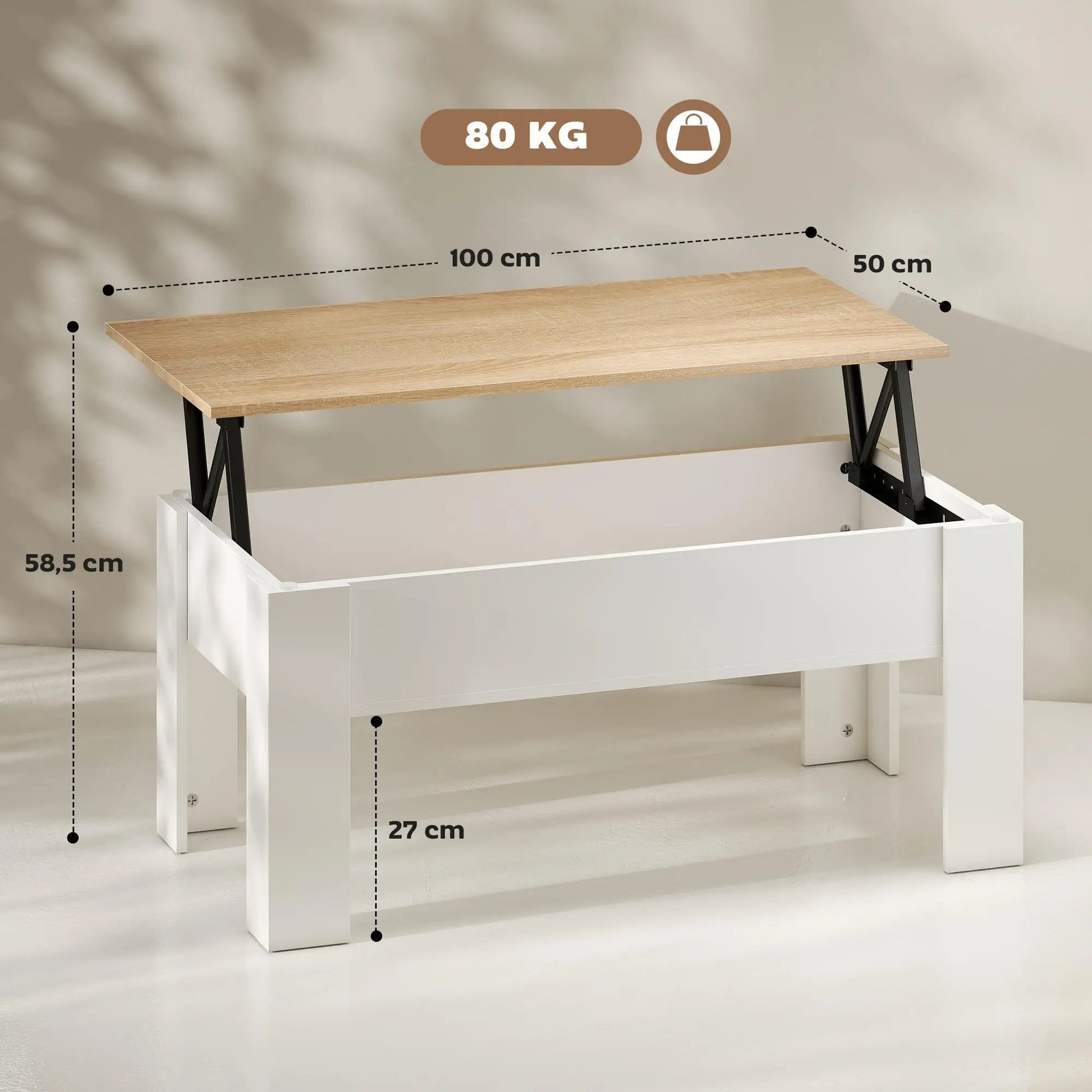 Table basse blanche et en bois réglable en hauteur avec compartiment caché 100x50x45-58.5 cm