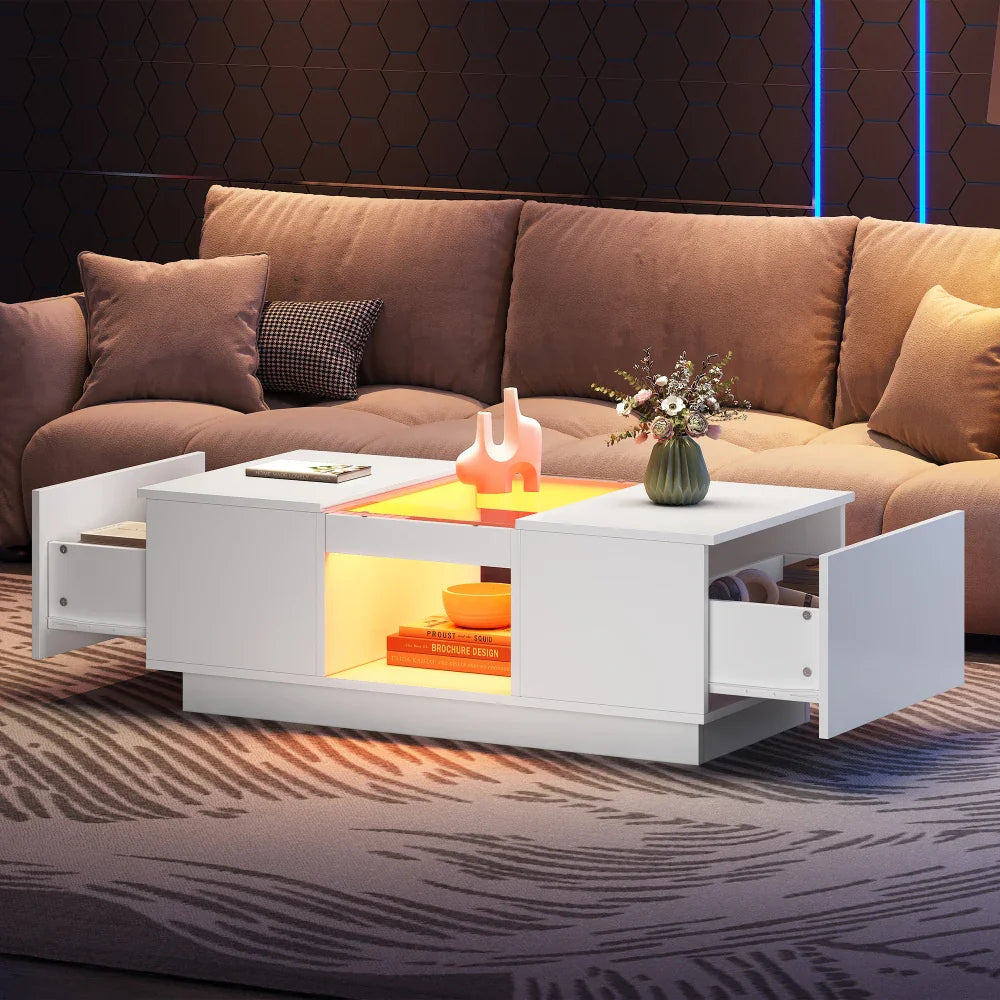 Table basse blanche et en bois avec LED et tiroir 100x50x35.5 cm