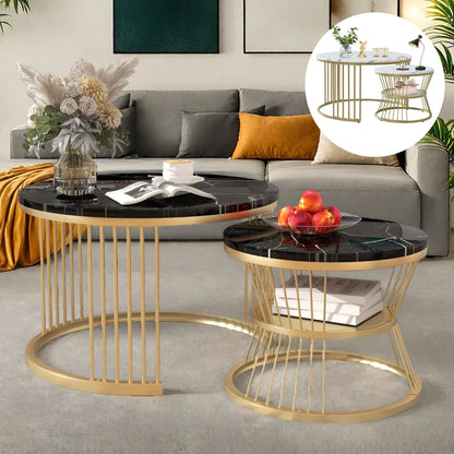 Table basse ronde en bois MDF avec verre trempé double étagère