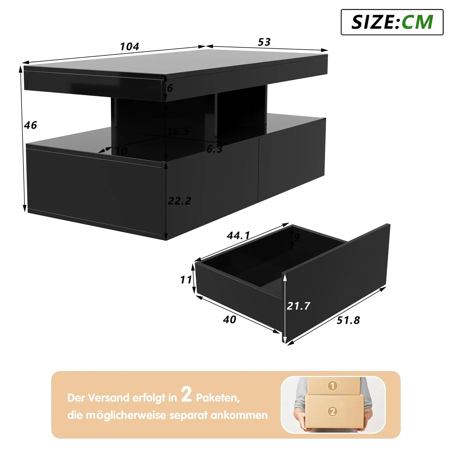 Table basse en bois et noir avec tiroirs et LED 104x53x46 cm