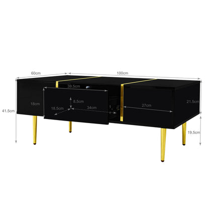 Table basse en bois et noir haut brillant avec 2 tiroirs 100 x 60 x 41,5 cm MDF