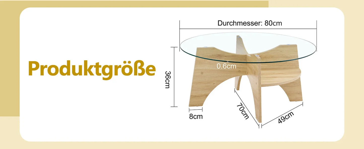 Table basse bois clair et verre transparent ronde 80 cm avec pieds éventail