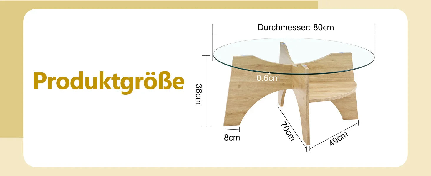 Table basse bois clair et verre transparent ronde 80 cm avec pieds éventail
