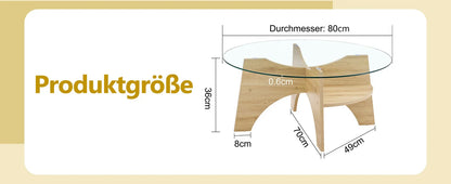 Table basse bois clair et verre transparent ronde 80 cm avec pieds éventail